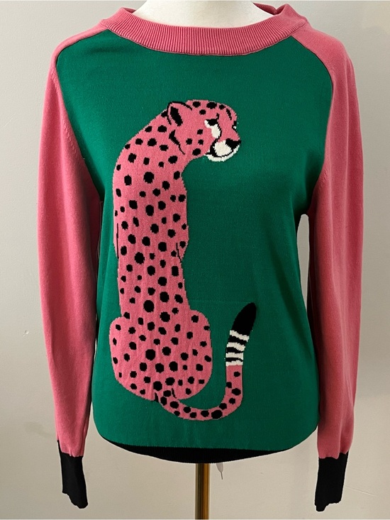 OXKnit Sweaters - Pink Leopard Knit Sweater Green Colorblock Cotton Cottagecore Maximalist